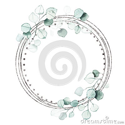 Watercolor silver grey geometrical round frame with eucalyptus green leaf Cartoon Illustration