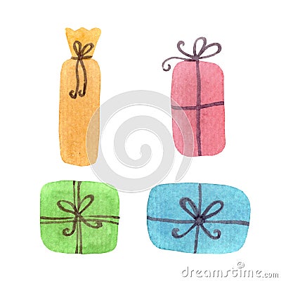 Watercolor simple colored presents. Abstract gifts Cartoon Illustration