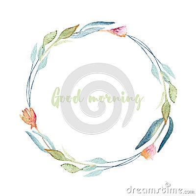 Watercolor simple flowers and green branches wreath Stock Photo