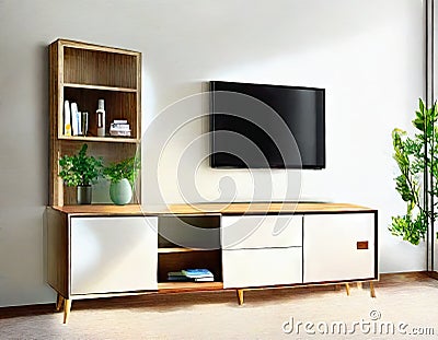 Watercolor of Simple living room with TV and open cabinet Stock Photo