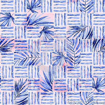 Watercolor simple seamless pattern. Blocks of tropical leaves and lines background Cartoon Illustration