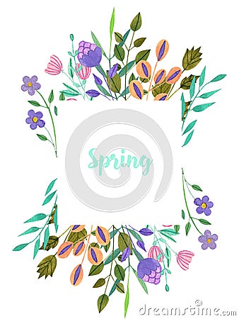 Watercolor simple spring and summer purple flowers and green branches frame Stock Photo