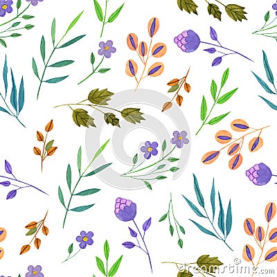 Watercolor simple spring and summer purple flowers and green branches seamless pattern Stock Photo