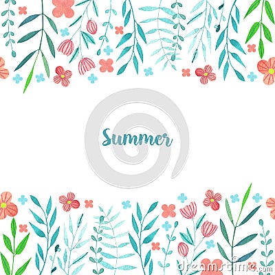 Watercolor simple summer red flowers and blue branches card template Stock Photo