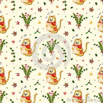Watercolor singing tiger. Christmas tiger with a sheet of music in its paws. Christmas tree. Watercolor seamless pattern Stock Photo