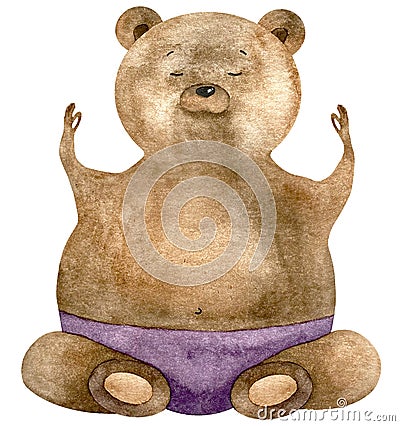 Watercolor sitting bear yoga in purple. Funny bear boy. Bear yoga. Watercolor illustration with cute bear yoga Cartoon Illustration