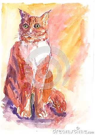 Watercolor sitting ginger cat with green eyes Stock Photo