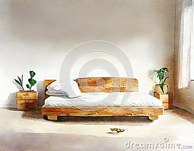 Watercolor of a skateboard positioned next to a cozy bed Stock Photo