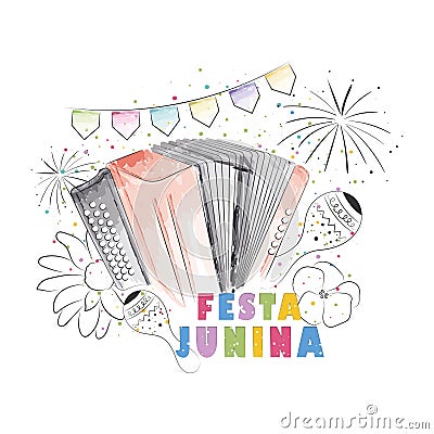 Watercolor sketch of an accordion Festa Junina poster Vector Vector Illustration