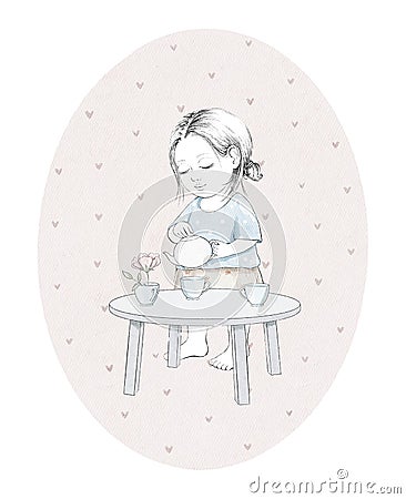 Watercolor sketch with baby girl pouring tea, dishes and table on oval pink background Cartoon Illustration