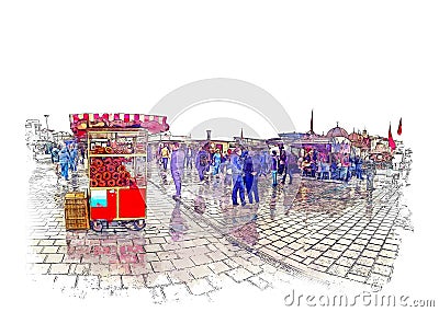 Watercolor sketch. Bagels for sale on Eminonu square in Istanbul, Turkish bagel called SIMIT. Turkish street food Stock Photo
