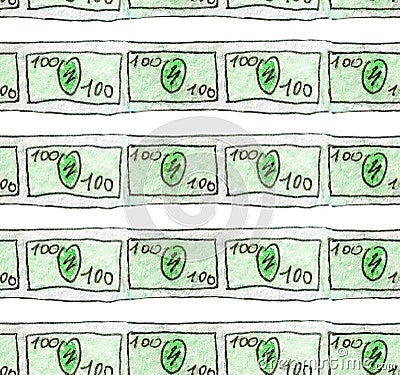 Watercolor sketch of a banknote of 100 dollars are slender lines. Seamless pattern for illustrating finance, business Stock Photo