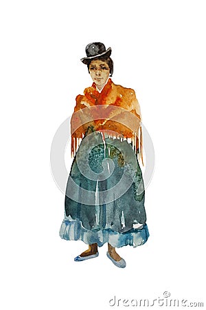 Watercolor sketch of bolivian woman cholita in traditional colorful clothing - hat, shawl and vibrant skirt. Original Cartoon Illustration