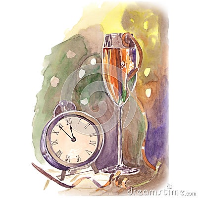 Watercolor sketch of clock and glass. New Year greeting card Stock Photo