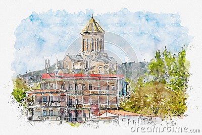 Watercolor sketch of Holy Trinity Cathedral in Tbilisi. The main Cathedral of the Georgian Orthodox Church Stock Photo
