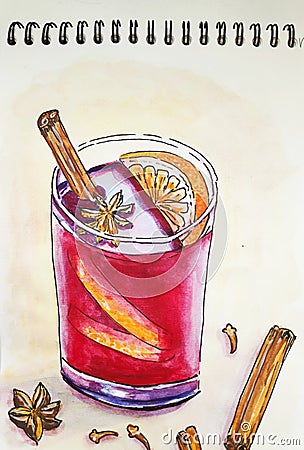 Watercolor sketch of hot wine Editorial Stock Photo