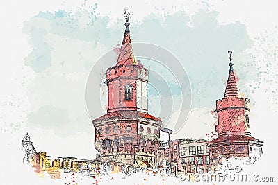 A watercolor sketch or an illustration. The architecture of Berlin. View of the bridge over the river Cartoon Illustration