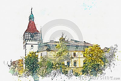 Watercolor sketch or illustration. Beautiful castle Blatna in the Czech Republic Cartoon Illustration