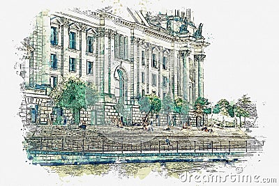 Watercolor sketch or illustration of a beautiful view of the Reichstag in Berlin. Cartoon Illustration