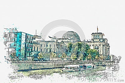 Watercolor sketch or illustration of a beautiful view of the Reichstag in Berlin. Cartoon Illustration