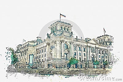 Watercolor sketch or illustration of a beautiful view of the Reichstag in Berlin. Cartoon Illustration