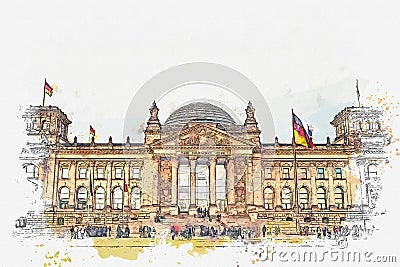 Watercolor sketch or illustration of a beautiful view of the Reichstag in Berlin. Cartoon Illustration