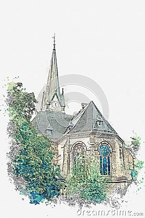 Illustration of a church in Leipzig in Germany. Cartoon Illustration