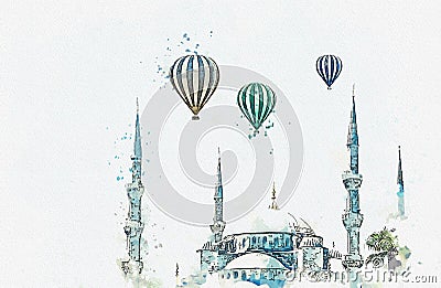 A watercolor sketch or illustration. The famous Blue Mosque in Istanbul is also called Sultanahmet. Turkey Cartoon Illustration