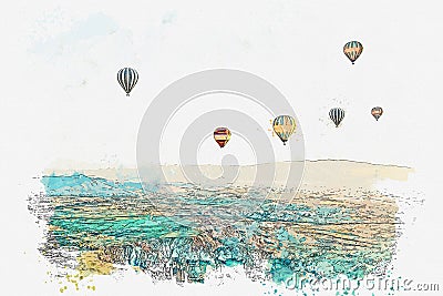 A watercolor sketch or illustration. The famous tourist attraction of Cappadocia is an air flight. Turkey. Cartoon Illustration