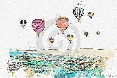 A watercolor sketch or illustration. The famous tourist attraction of Cappadocia is an air flight. Turkey. Cartoon Illustration