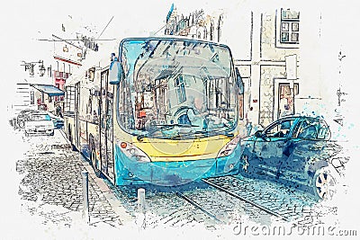 A watercolor sketch or illustration. Lisbon. The bus goes around the city. Cartoon Illustration