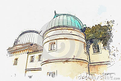 A watercolor sketch or illustration. Observatory on Petrishin Hill in Prague. Cartoon Illustration