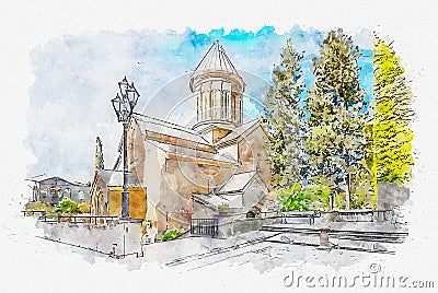 Watercolor sketch or illustration of the Sioni Church in Tbilisi. Georgia Cartoon Illustration