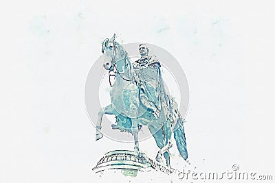 A watercolor sketch or illustration. he statue of King Johann Saxon in Dresden in Germany Cartoon Illustration