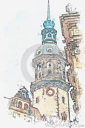 A watercolor sketch or illustration. Tower of Gaussmann in Dresden in Germany Cartoon Illustration