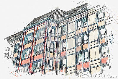 A watercolor sketch or an illustration. A traditional residential building in the German style in Berlin Cartoon Illustration
