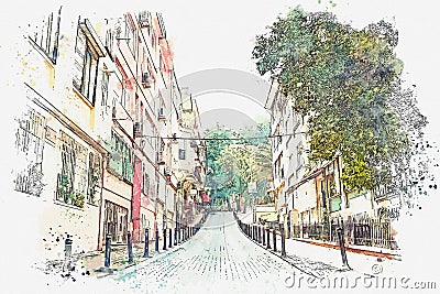 A watercolor sketch or illustration of a traditional street in Istanbul Cartoon Illustration