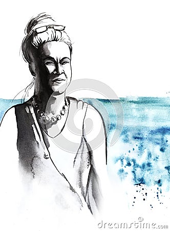 Watercolor sketch of middle aged woman attentively gazing into distance with frowned from sun brows. Hand drawn illustration of Cartoon Illustration