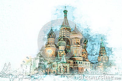 Watercolor sketch painting of St. Basil Cathedral, Moscow Stock Photo