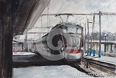 Watercolor sketch of railway station Stock Photo