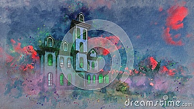 Haunted mansion at eerie sunset watercolor sketch Cartoon Illustration