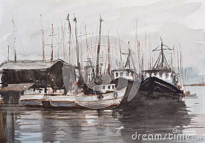 Watercolor sketch of small harbour. Stock Photo