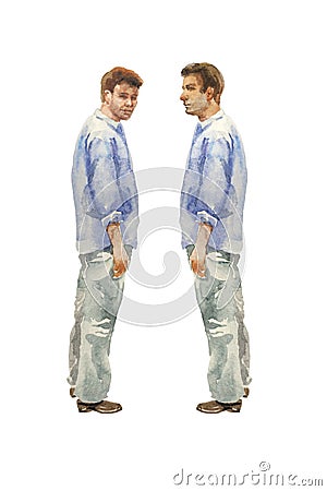 Watercolor sketch of standing man in casual dress - blue shirt and non-classic gray pants. Two options with different Stock Photo