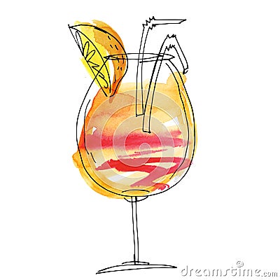 Watercolor and sketch summer cocktail Cartoon Illustration