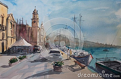 Watercolor sketch of Valette city. Stock Photo