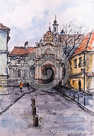 Watercolor sketch of Vilnius old town Stock Photo