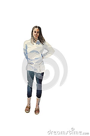 Watercolor sketch of young woman standing in casual closing and smiling. Full body hand paint illustration of brunette girl, Cartoon Illustration