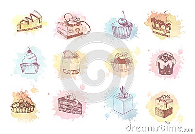 Watercolor sketches of cupcakes, berry pie and cake Vector Illustration