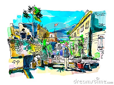 watercolor sketching of Budva Montenegro old fortress landscape, Vector Illustration
