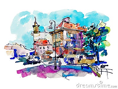 Watercolor sketching old town historical buildings Warsaw Cartoon Illustration